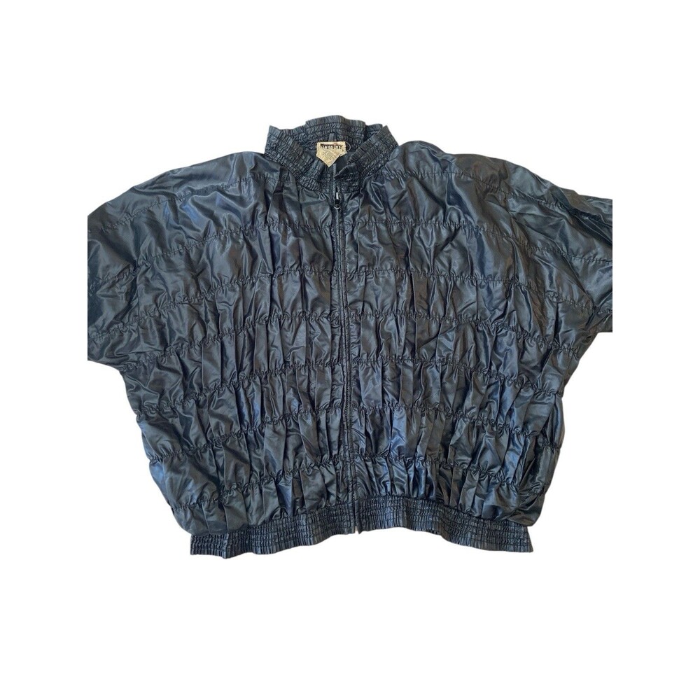 Vintage Changing Scene Unisex Black Nylon Bomber Jacket Size L Ruched 80s - Picture 4 of 10